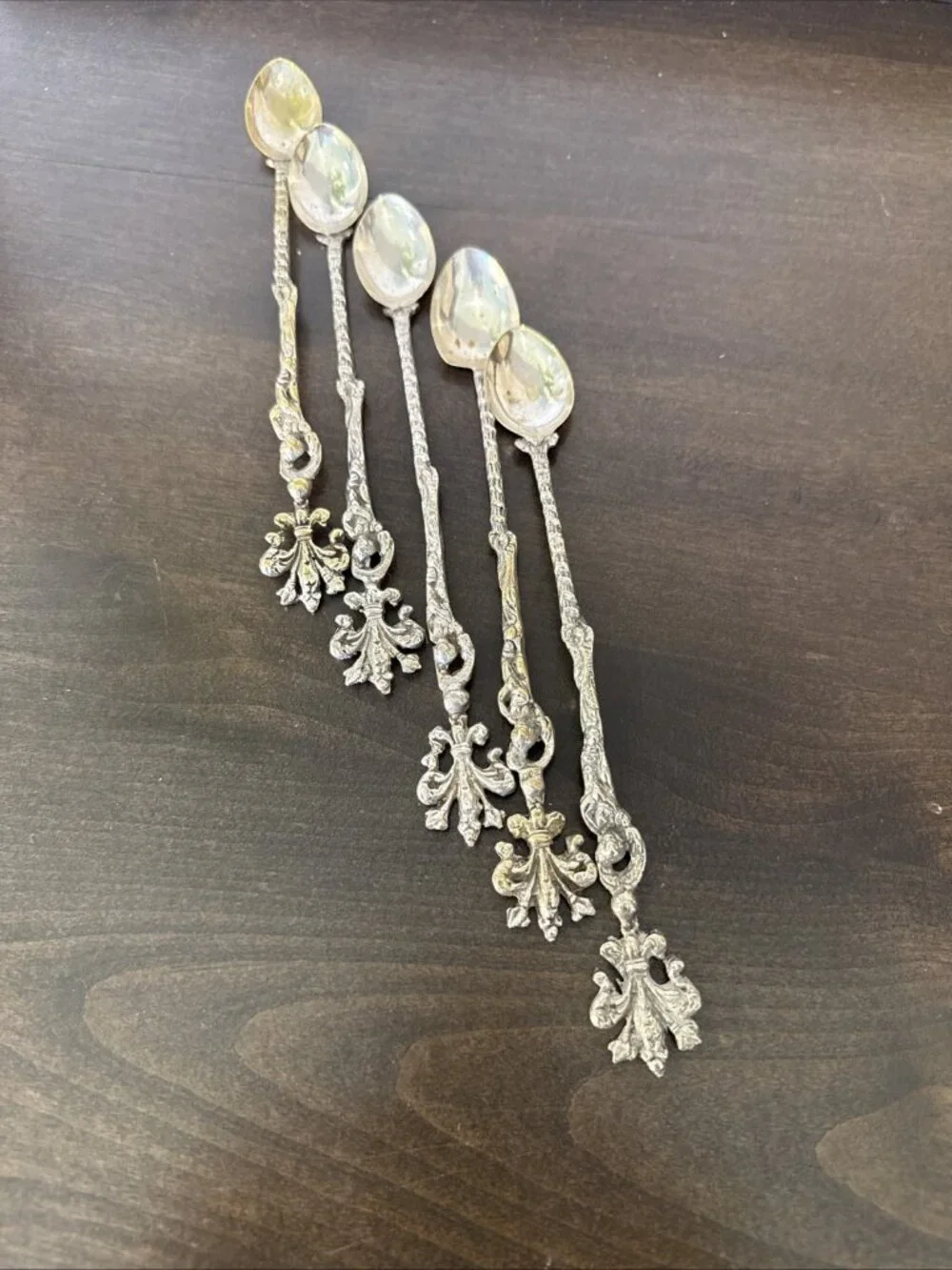 Set of 5 Montagnani Style Italy Figural Demitasse Spoons Ornate Vintage 7.75